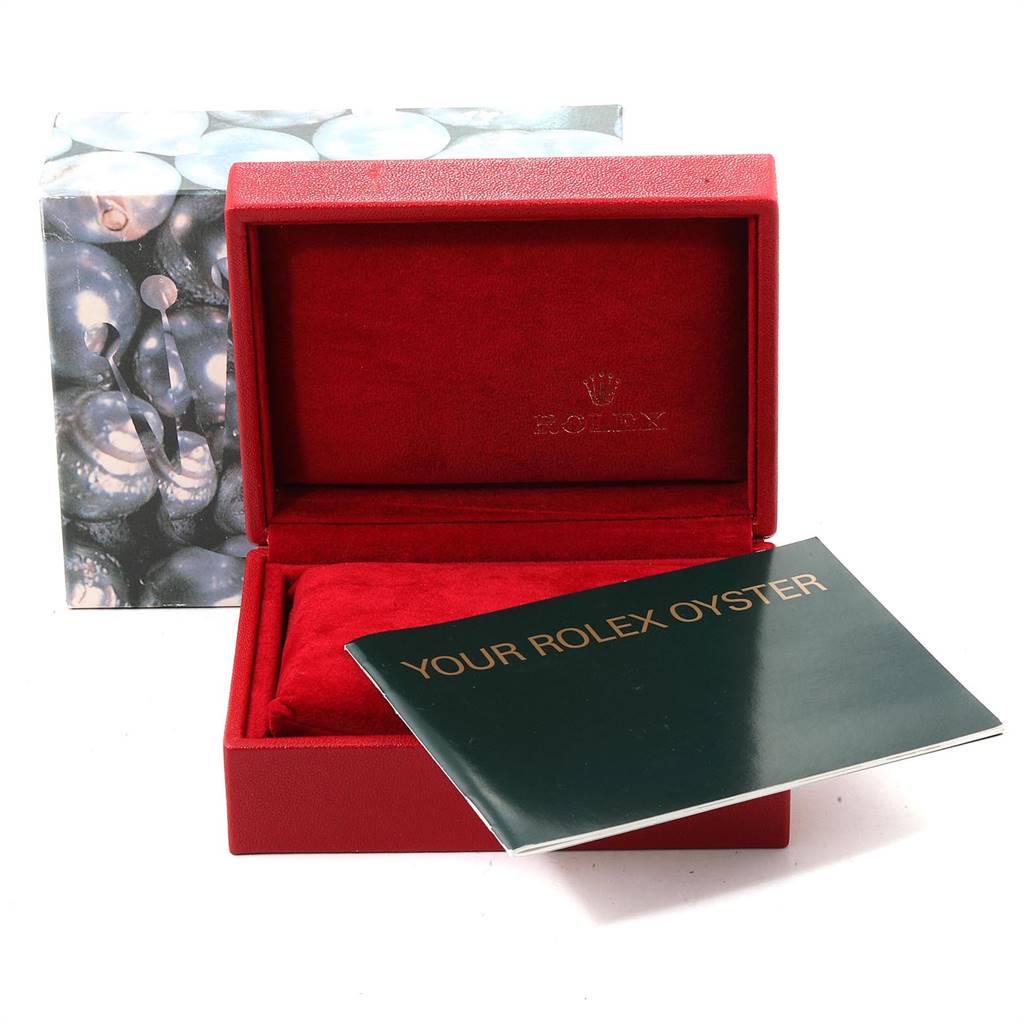 The image shows the open red box and manual for the Rolex President 79178 Women's Yellow Gold Champagne Dial 79178 Women's Yellow Gold Champagne Dial model at a frontal angle.