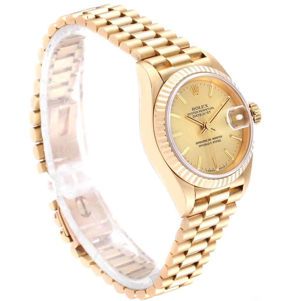 This image shows the Rolex President 79178 Women's Yellow Gold Champagne Dial 79178 Women's Yellow Gold Champagne Dial model watch from a side angle, highlighting the bracelet and the face with a date display.