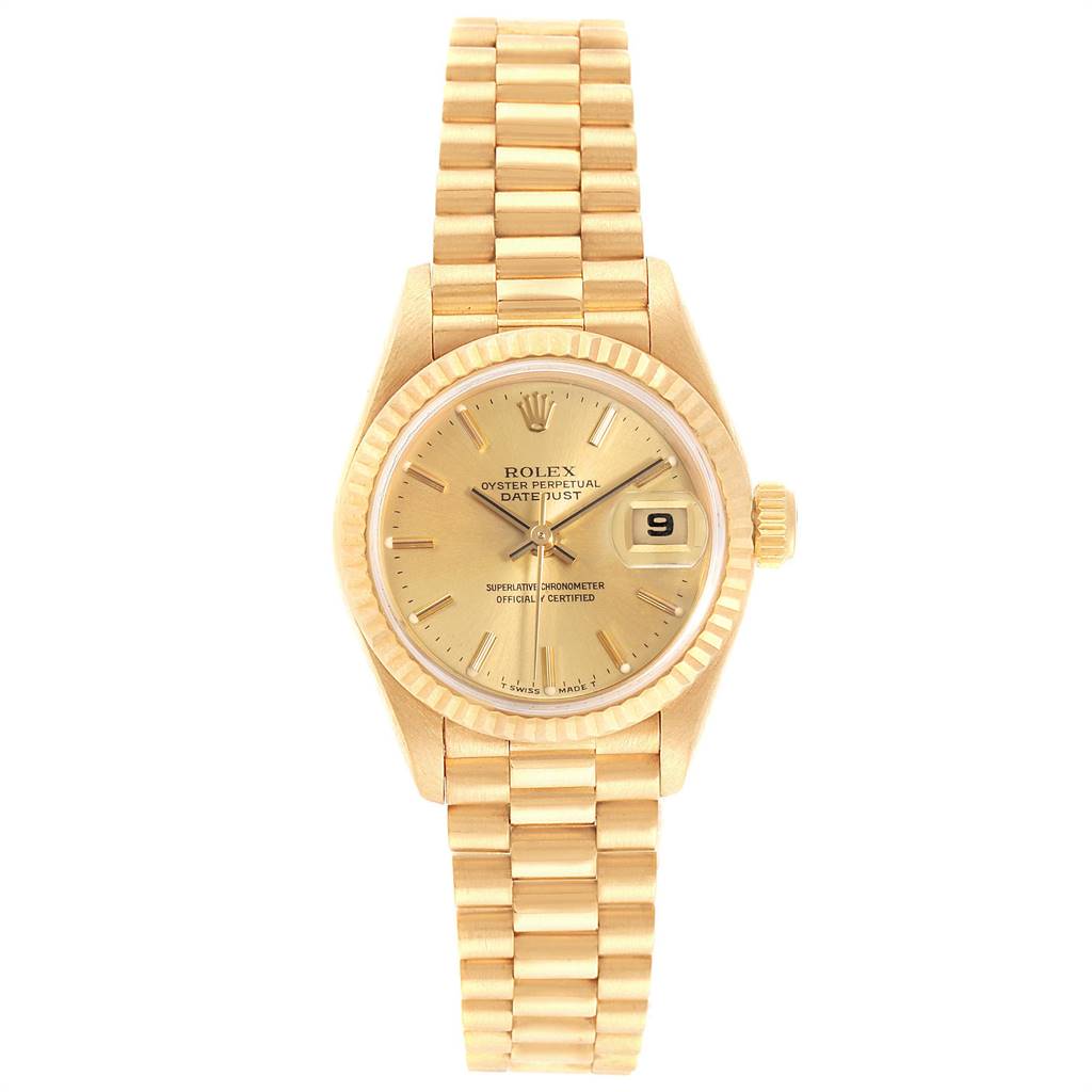 The image shows a Rolex President 79178 Women's Yellow Gold Champagne Dial 79178 Women's Yellow Gold Champagne Dial model watch from a top-down angle, displaying the entire face, bezel, and bracelet.
