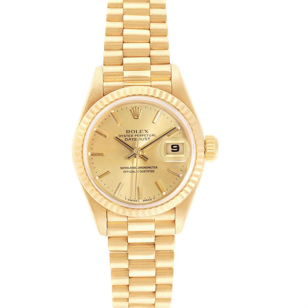 This is a front view of the Rolex President 79178 Women's Yellow Gold Champagne Dial 79178 Women's Yellow Gold Champagne Dial model watch, showing its face, bezel, crown, and bracelet.