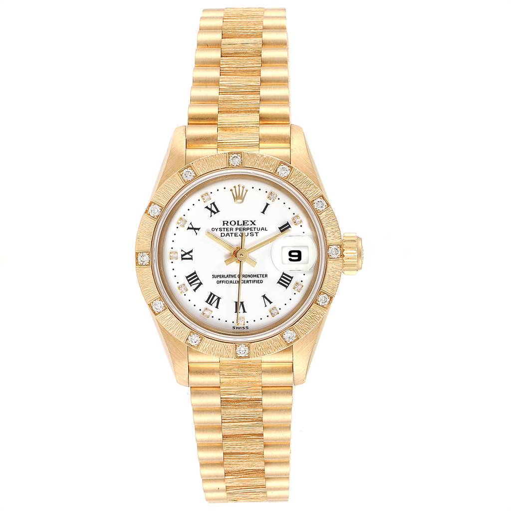 This Rolex President 69288 Women
s Yellow Gold White Dial 69288 Women
s Yellow Gold White Dial model watch is shown from a front angle, displaying its gold bracelet, bezel, dial, hands, and date window.