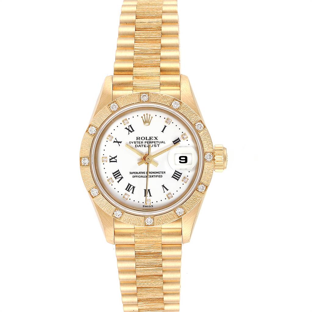 This image shows a front view of a Rolex President 69288 Women
s Yellow Gold White Dial 69288 Women
s Yellow Gold White Dial model watch, highlighting its face, bezel, crown, and bracelet.
