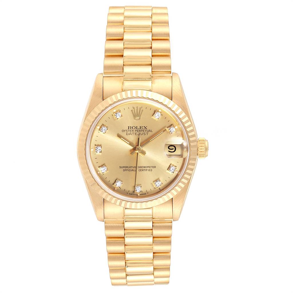 This image shows the Rolex President 68278 Women
s Yellow Gold Champagne Dial 68278 Women
s Yellow Gold Champagne Dial model watch from a top-down angle, highlighting its gold bracelet, dial, and fluted bezel.