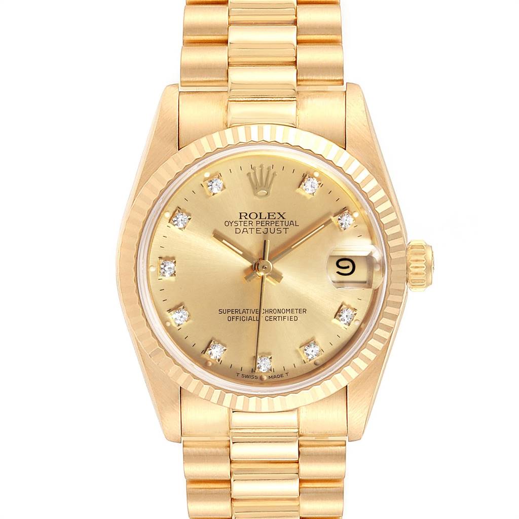 This image shows a front view of a Rolex President 68278 Women
s Yellow Gold Champagne Dial 68278 Women
s Yellow Gold Champagne Dial Oyster Perpetual Datejust watch, displaying its dial, hands, bracelet, and date window.