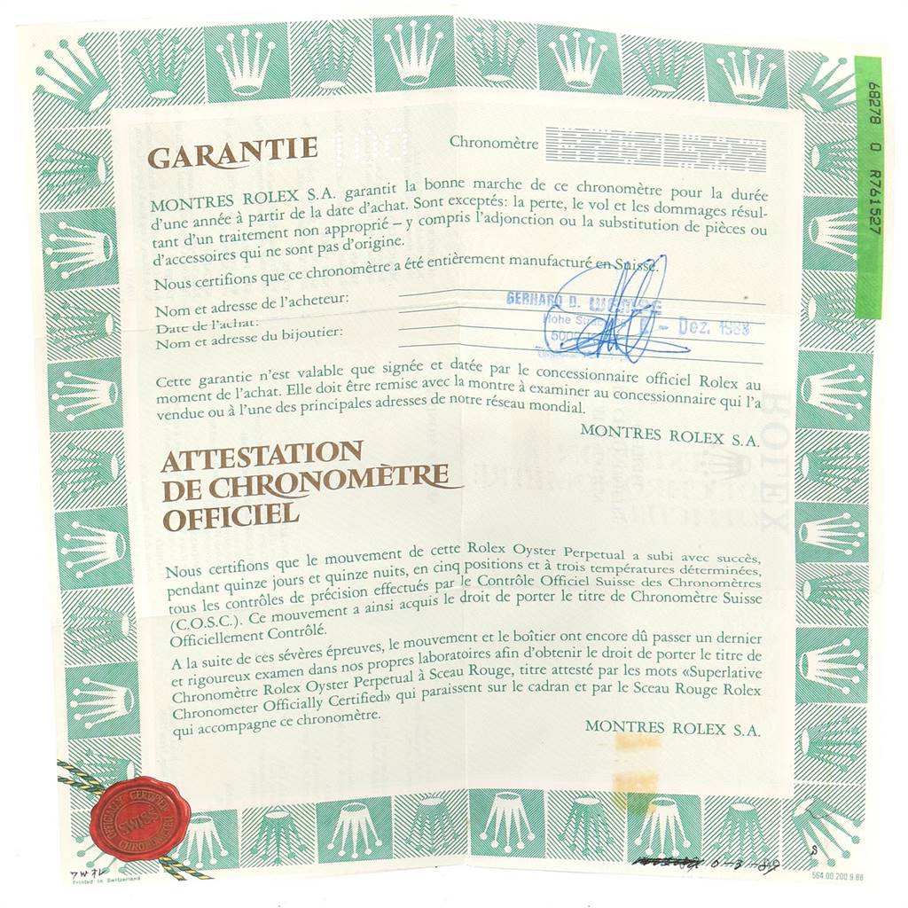 This is a warranty and chronometer certification document for a Rolex President 68278 Women
s Yellow Gold Champagne Dial 68278 Women
s Yellow Gold Champagne Dial model watch.