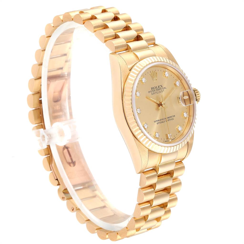 The Rolex President 68278 Women
s Yellow Gold Champagne Dial 68278 Women
s Yellow Gold Champagne Dial model watch is shown from a three-quarter side angle, displaying the bracelet, case, and dial.