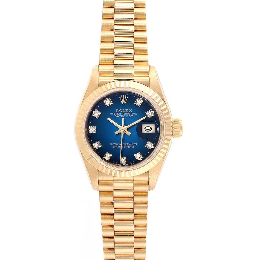 The image shows a frontal view of the Rolex President 69178 Women's Yellow Gold Blue Dial 69178 Women's Yellow Gold Blue Dial model with a blue dial, gold case, and bracelet.