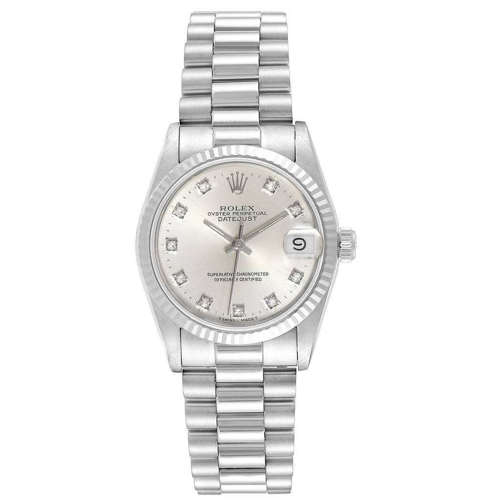 The image shows a front view of a Rolex President 68279 Women's White Gold Silver Dial 68279 Women's White Gold Silver Dial model watch, highlighting the face, bezel, and bracelet.