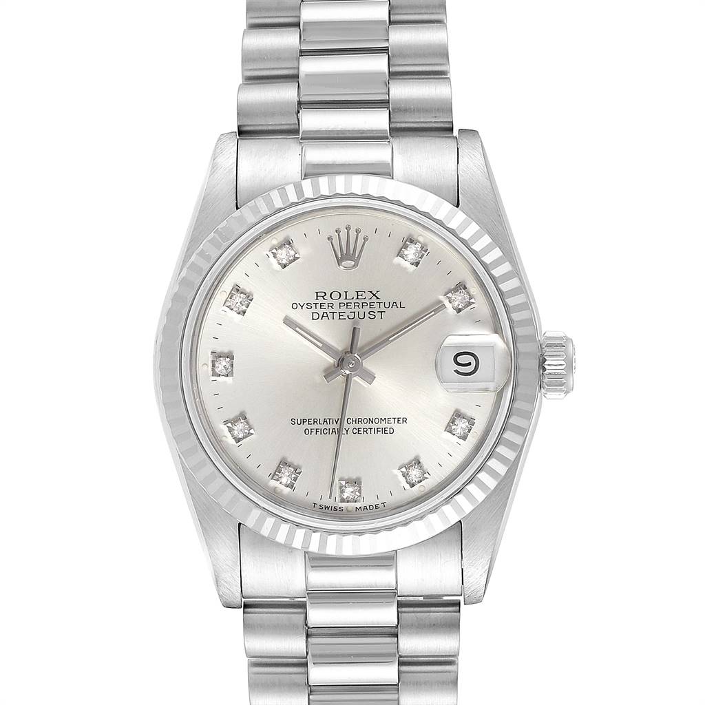 The Rolex President 68279 Women's White Gold Silver Dial 68279 Women's White Gold Silver Dial watch is shown from a top-down angle, displaying its face, bezel, and bracelet.