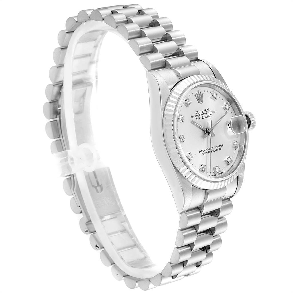 The Rolex President 68279 Women's White Gold Silver Dial 68279 Women's White Gold Silver Dial model watch is shown at a side angle, highlighting its bracelet, bezel, and dial.