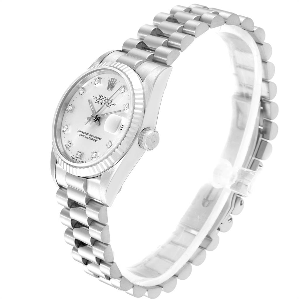 The image shows a Rolex President 68279 Women's White Gold Silver Dial 68279 Women's White Gold Silver Dial model watch at a three-quarter angle, highlighting the dial, bezel, crown, and bracelet.