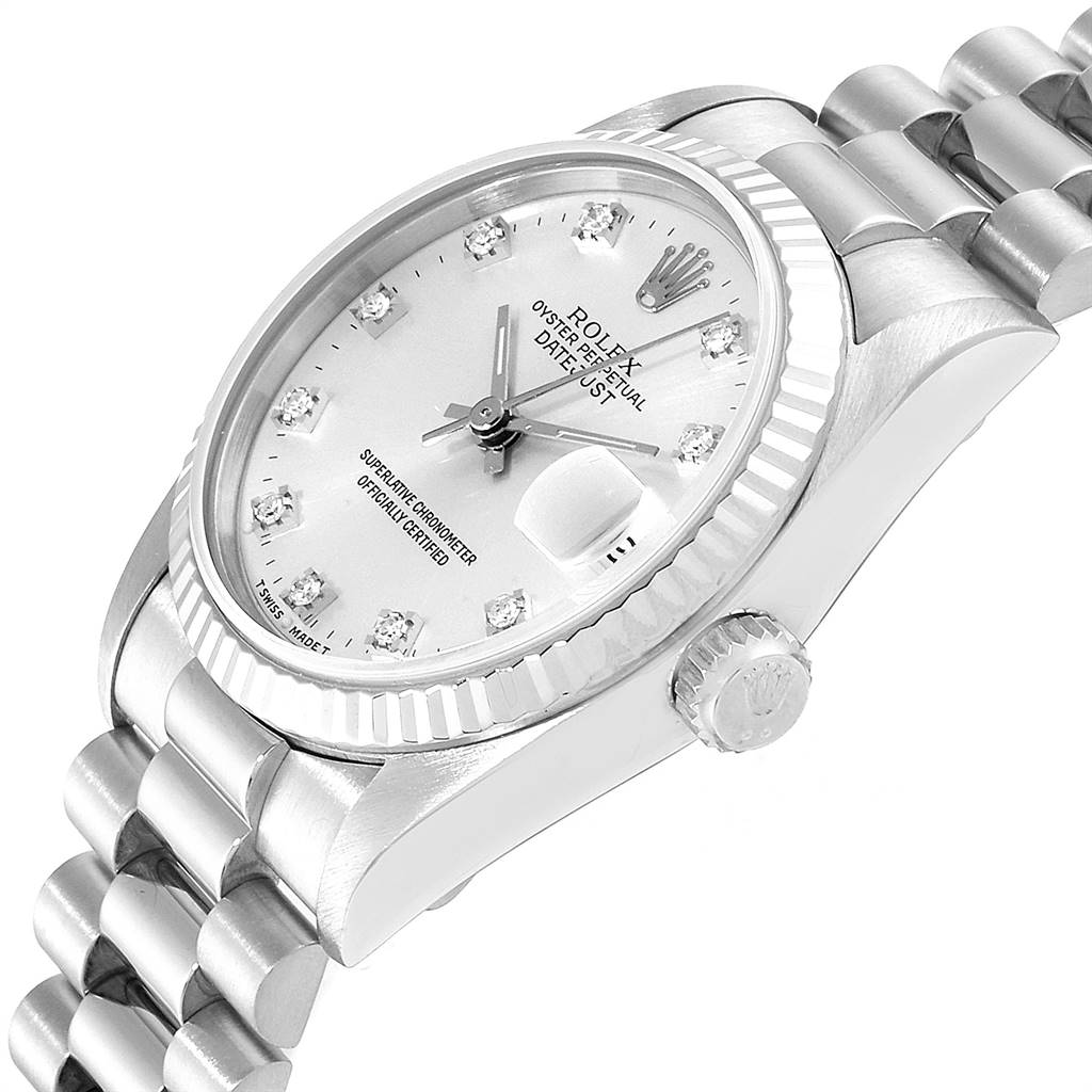 This image shows the Rolex President 68279 Women's White Gold Silver Dial 68279 Women's White Gold Silver Dial model watch at a three-quarter angle, depicting the dial, bezel, crown, and part of the bracelet.