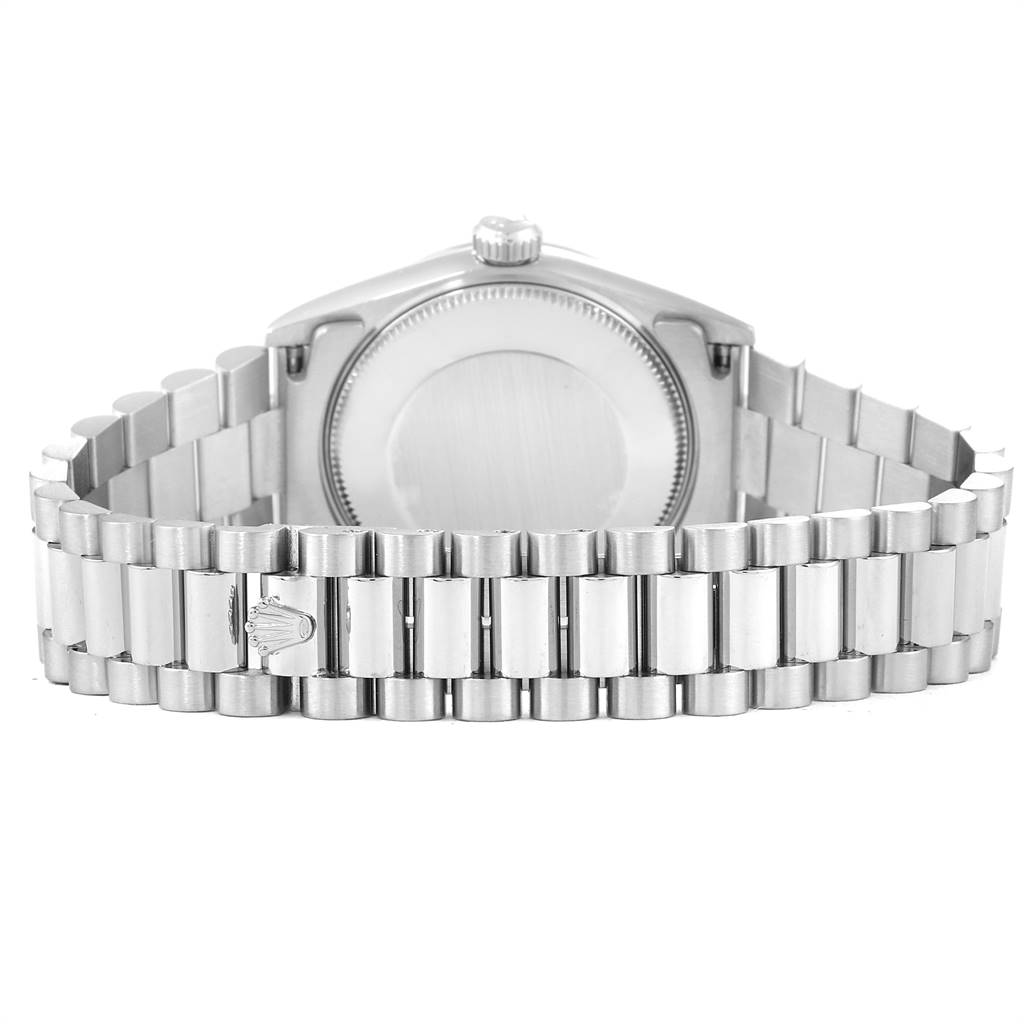 This is the back view of a Rolex President 68279 Women's White Gold Silver Dial 68279 Women's White Gold Silver Dial model watch, showing the case back and bracelet with the Rolex crown logo.