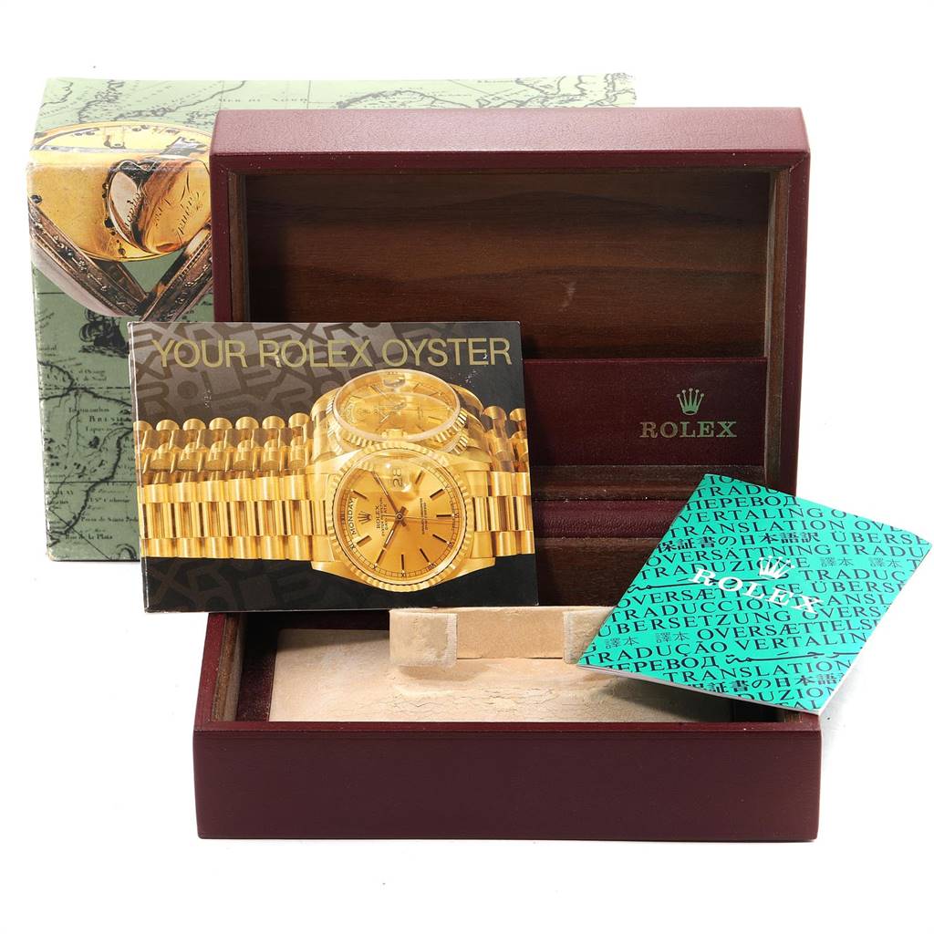 The image shows a Rolex President 68279 Women's White Gold Silver Dial 68279 Women's White Gold Silver Dial model watch box with manuals and accessories in view.