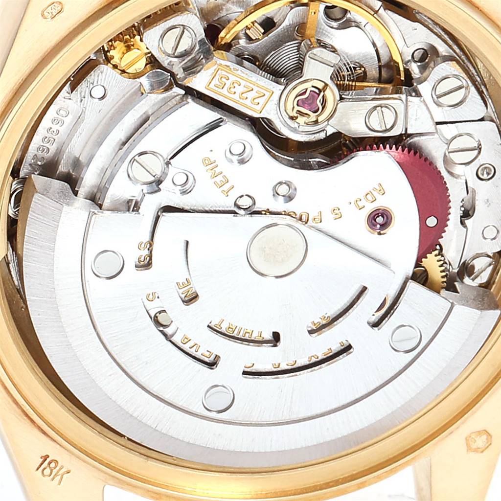 This image shows a close-up view of the movement mechanism inside a Rolex President 79178 Women
s Yellow Gold Champagne Dial 79178 Women
s Yellow Gold Champagne Dial watch.