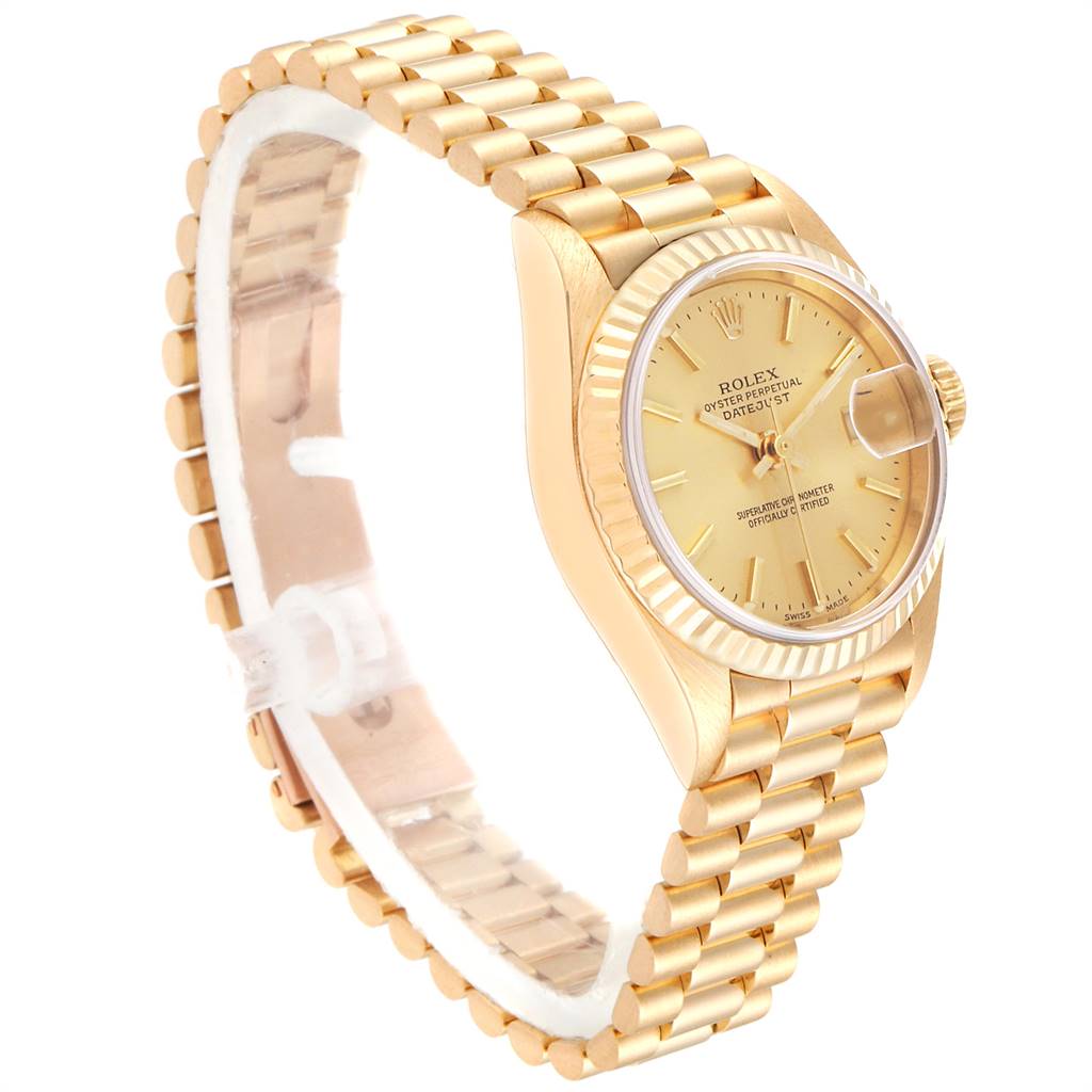 The image shows a Rolex President 79178 Women
s Yellow Gold Champagne Dial 79178 Women
s Yellow Gold Champagne Dial model watch at a slight diagonal angle, clearly displaying the gold bracelet, case, dial, and bezel.