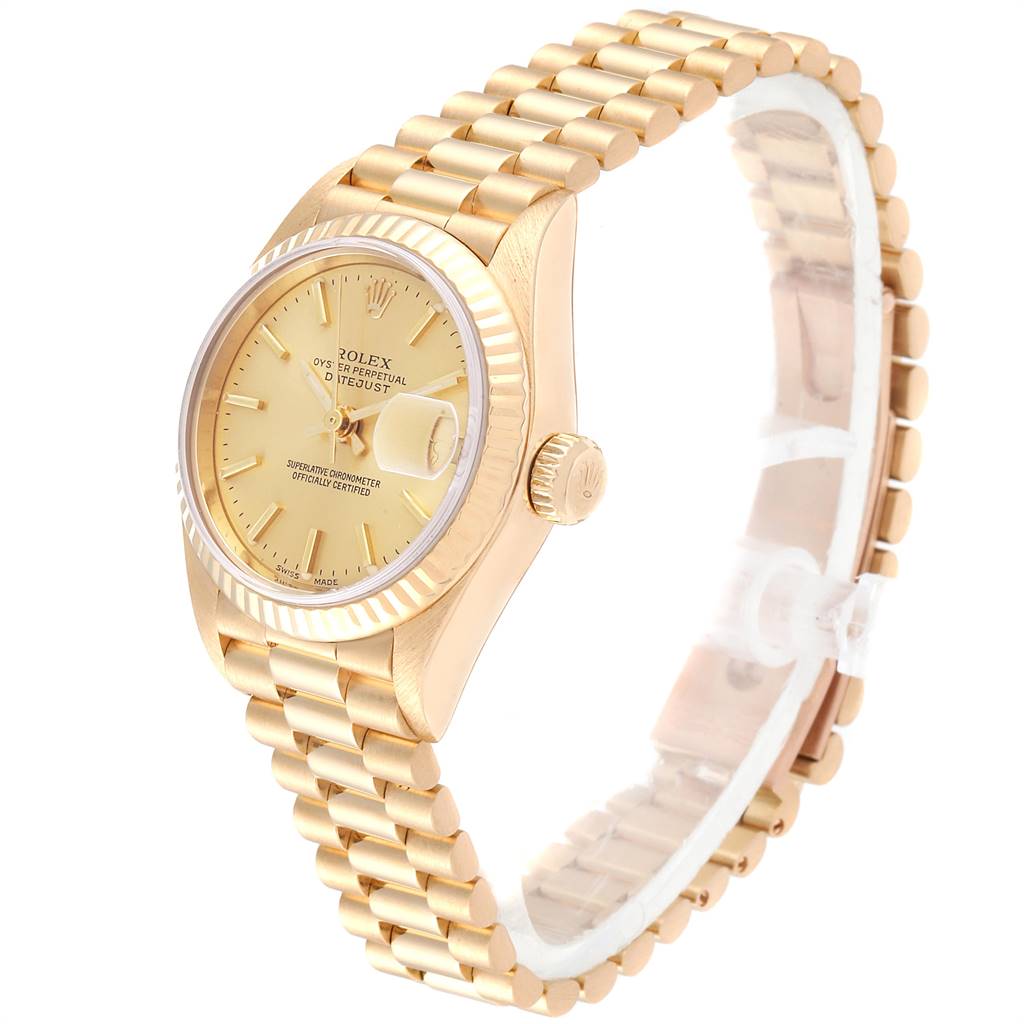 The image shows a side angle view of a Rolex President 79178 Women
s Yellow Gold Champagne Dial 79178 Women
s Yellow Gold Champagne Dial model watch, displaying its gold bracelet, case, crown, and dial.