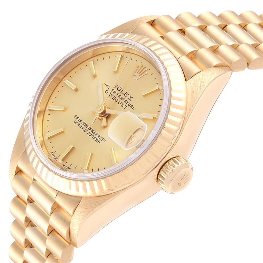 The image displays a side angle of the Rolex President 79178 Women
s Yellow Gold Champagne Dial 79178 Women
s Yellow Gold Champagne Dial watch, highlighting the case, dial, crown, and part of the bracelet.