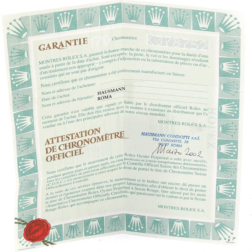 The image shows a Rolex President 79178 Women
s Yellow Gold Champagne Dial 79178 Women
s Yellow Gold Champagne Dial model warranty certificate and chronometer certification.