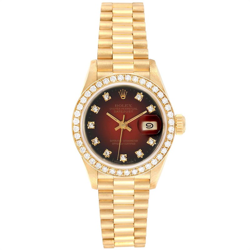 Rolex President Yellow Gold Red Vignette Diamond Ladies Watch 69138 SwissWatchExpo