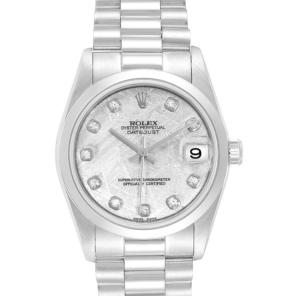 The image shows a front view of the Rolex President 78246 Women's Platinum Silver Dial 78246 Women's Platinum Silver Dial model, highlighting the dial, bracelet, and date window.