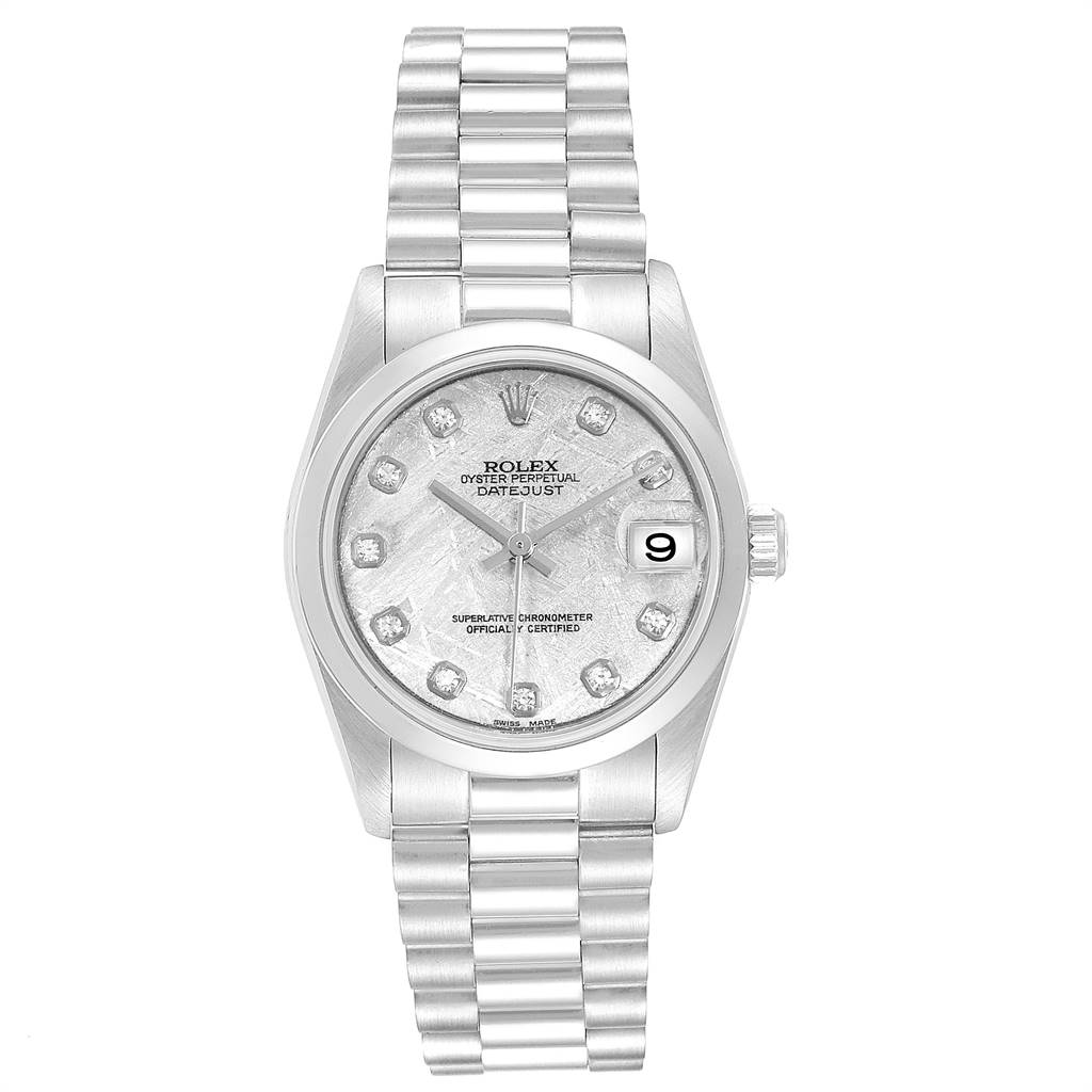 This is a front view of a Rolex President 78246 Women's Platinum Silver Dial 78246 Women's Platinum Silver Dial model watch, showing the dial, bracelet, crown, and date window.