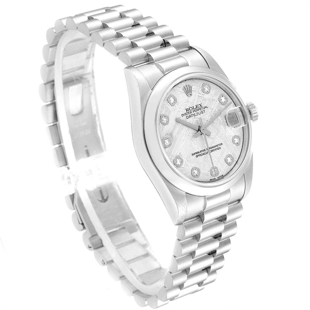 The image shows a Rolex President 78246 Women's Platinum Silver Dial 78246 Women's Platinum Silver Dial model watch from a three-quarter front angle, highlighting its band, case, and dial.