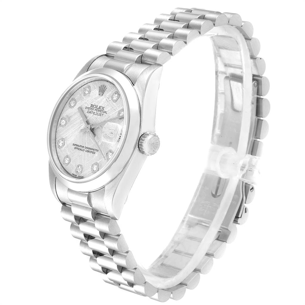 This image shows a Rolex President 78246 Women's Platinum Silver Dial 78246 Women's Platinum Silver Dial model watch from a side angle, displaying its face, dial, crown, and bracelet.