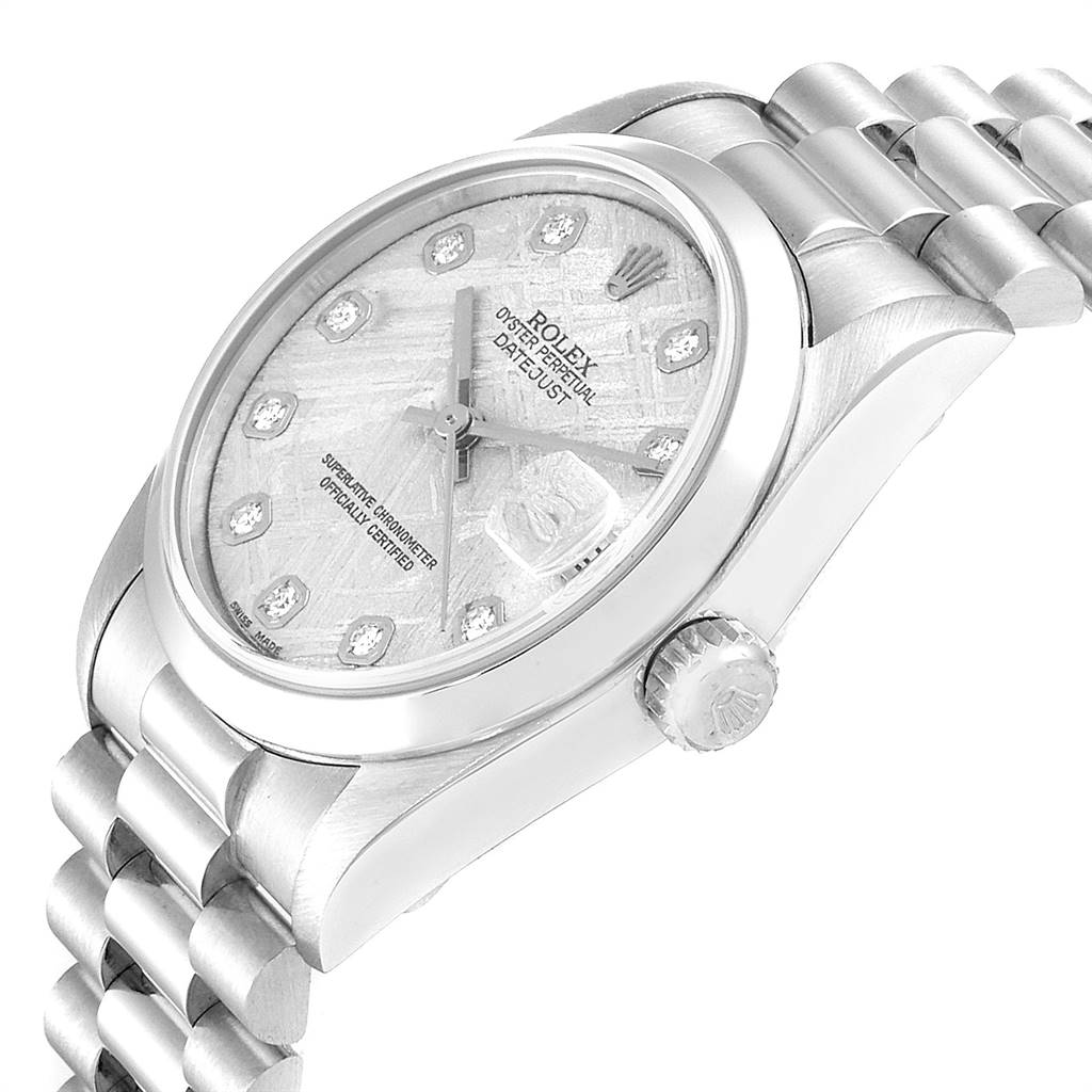 The image displays a Rolex President 78246 Women's Platinum Silver Dial 78246 Women's Platinum Silver Dial model watch from a side angle, showing the dial, crown, and part of the bracelet.