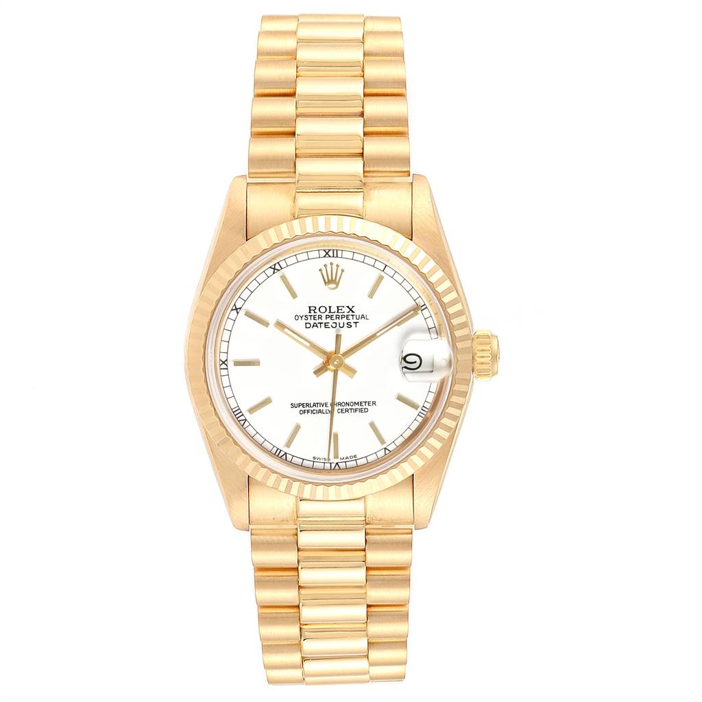 The image shows a front view of a Rolex President 68278 Women
s Yellow Gold White Dial 68278 Women
s Yellow Gold White Dial model watch with its dial, bracelet, and crown visible.
