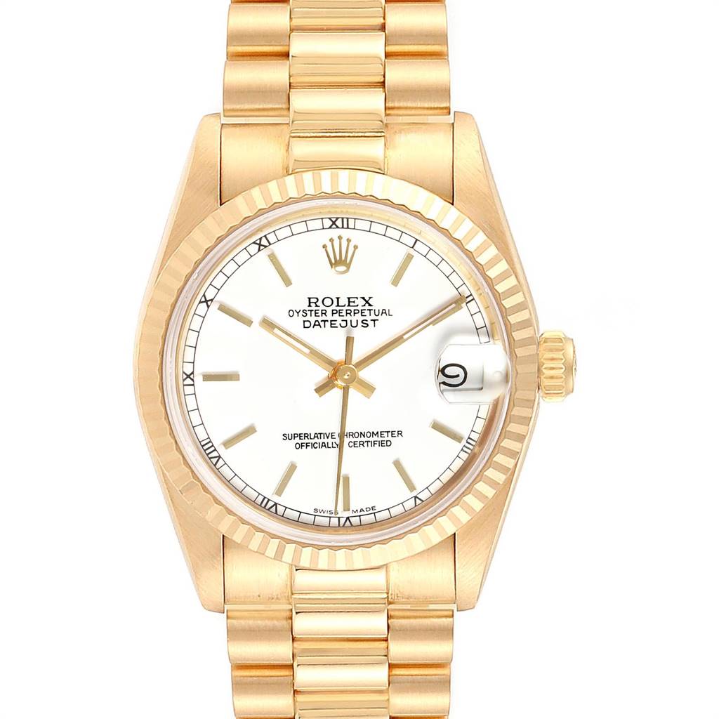 This image shows a frontal view of a Rolex President 68278 Women
s Yellow Gold White Dial 68278 Women
s Yellow Gold White Dial model with a gold band and white dial.