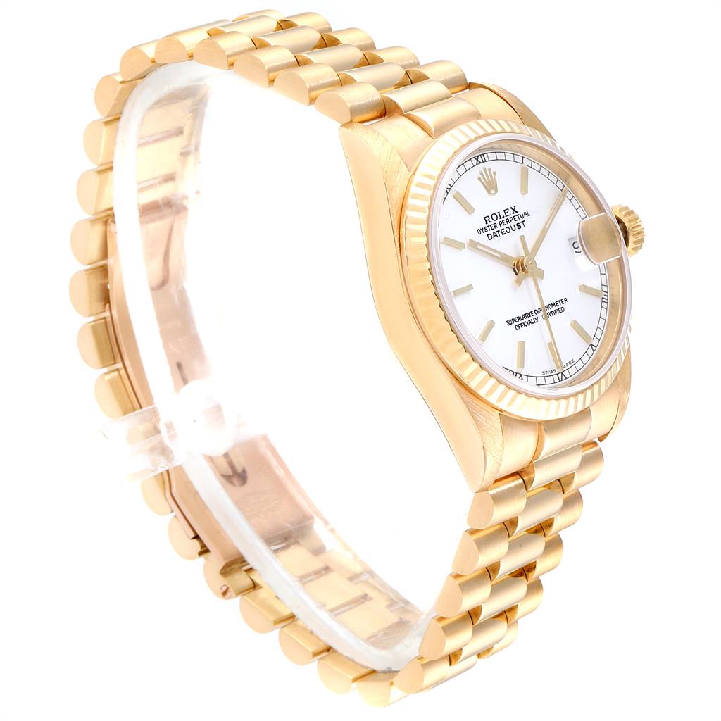 The image shows a side view of a Rolex President 68278 Women
s Yellow Gold White Dial 68278 Women
s Yellow Gold White Dial model watch, highlighting its gold bracelet, case, and white dial face.