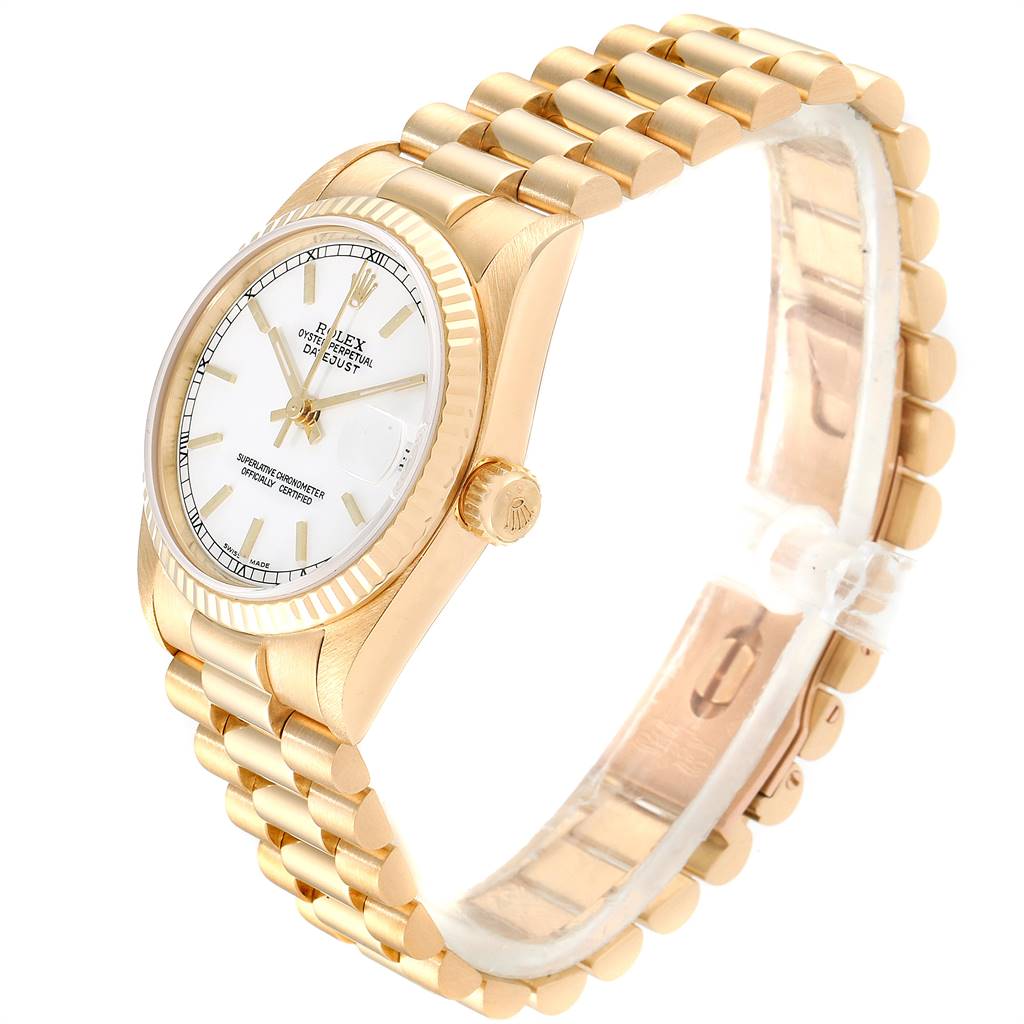 This image shows a side angle of a Rolex President 68278 Women
s Yellow Gold White Dial 68278 Women
s Yellow Gold White Dial model watch, highlighting its gold band, case, and crown.