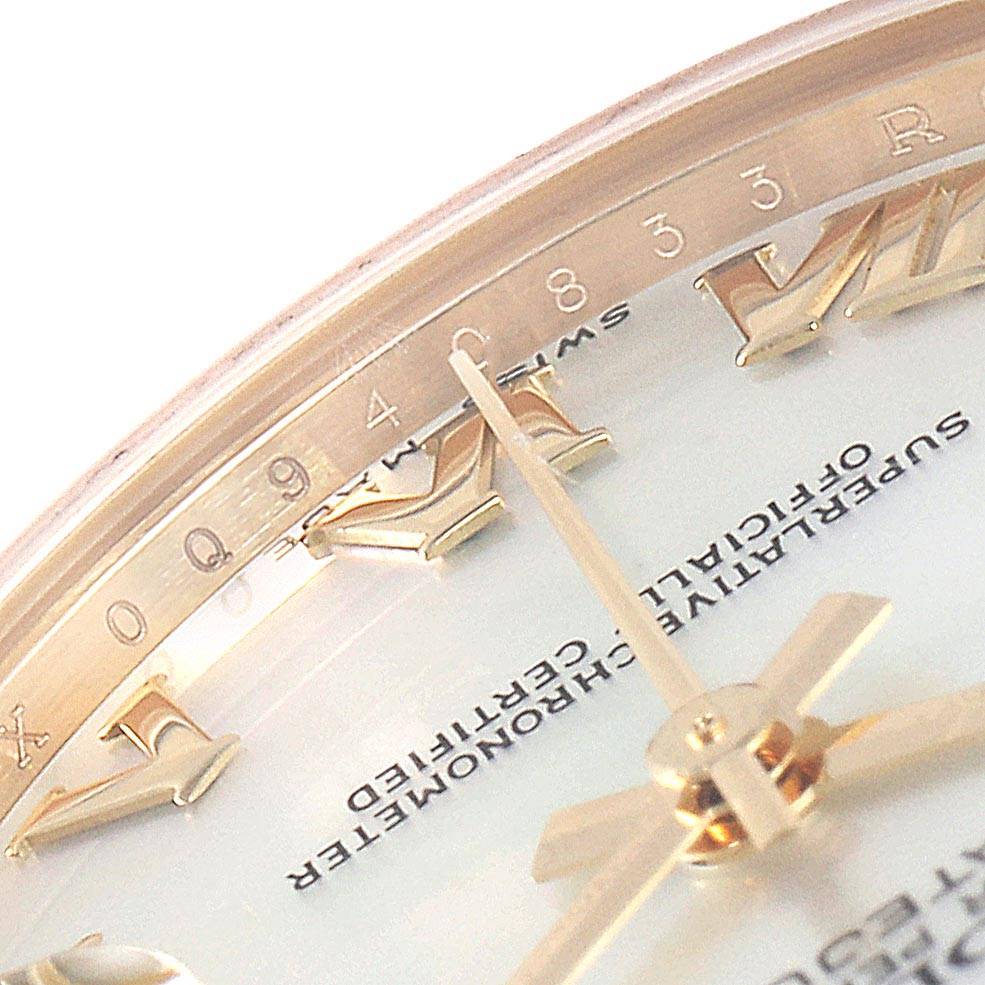 This close-up shows the dial, hands, and Roman numeral hour markers of the Rolex President 178278 Women
s Yellow Gold Mother of Pearl Dial 178278 Women
s Yellow Gold Mother of Pearl Dial model watch.