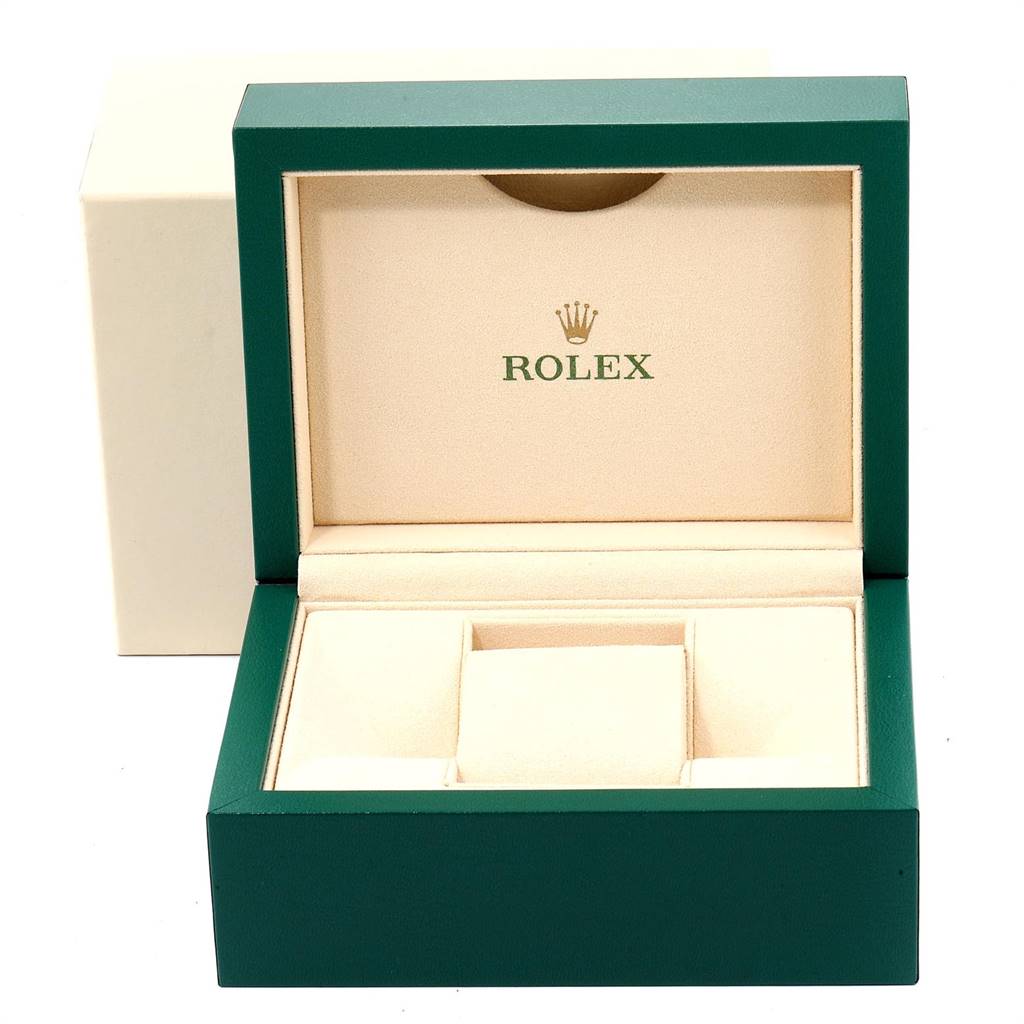 A Rolex President 178278 Women
s Yellow Gold Mother of Pearl Dial 178278 Women
s Yellow Gold Mother of Pearl Dial watch box is shown open, displaying its interior with the brand logo.