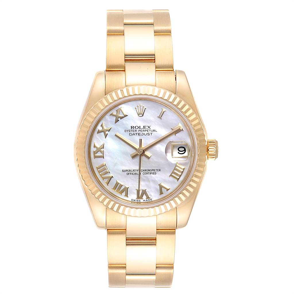 This image shows a front view of a Rolex President 178278 Women
s Yellow Gold Mother of Pearl Dial 178278 Women
s Yellow Gold Mother of Pearl Dial model watch, highlighting the dial, bezel, and bracelet.