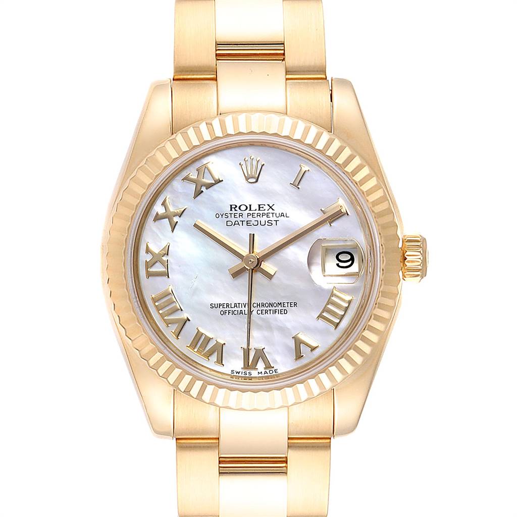 This Rolex President 178278 Women
s Yellow Gold Mother of Pearl Dial 178278 Women
s Yellow Gold Mother of Pearl Dial model watch is shown from the front, revealing its dial, bezel, and part of the bracelet.