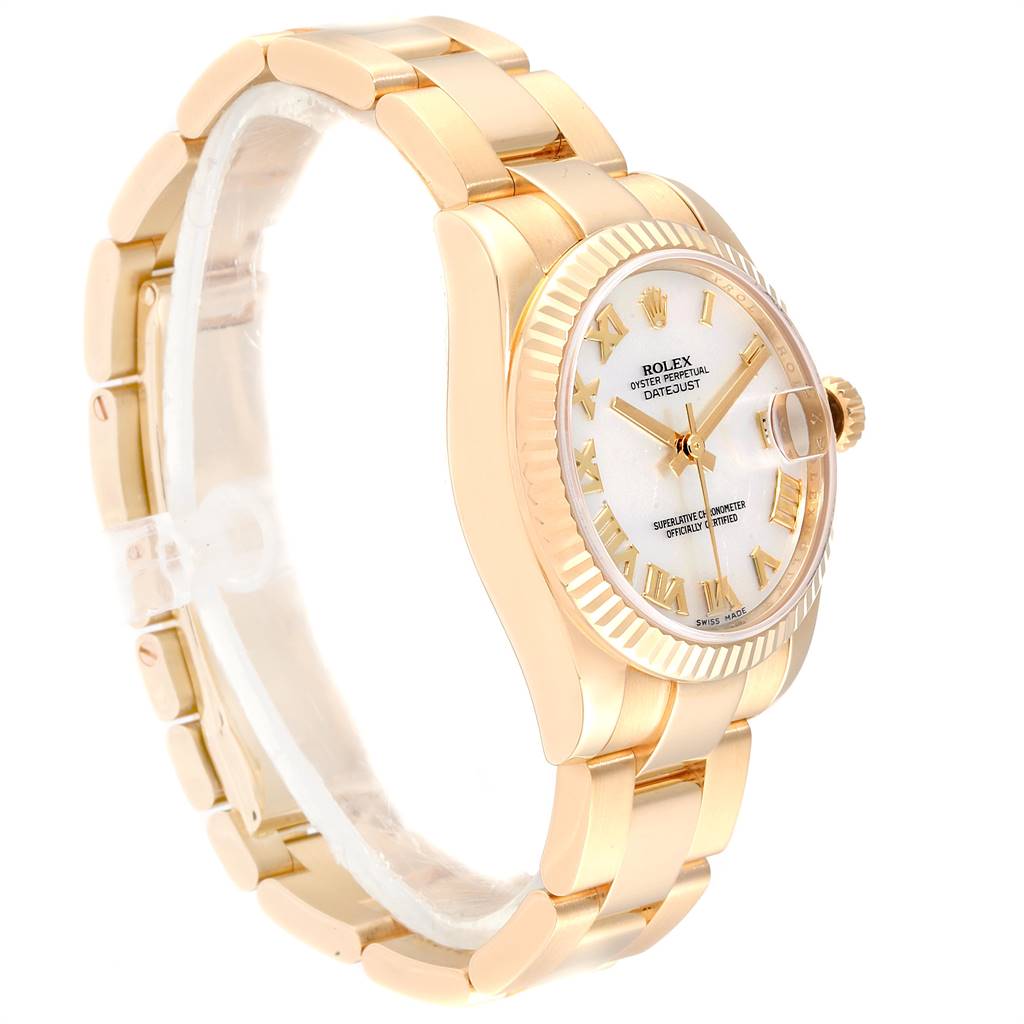 This image shows a side angle of the Rolex President 178278 Women
s Yellow Gold Mother of Pearl Dial 178278 Women
s Yellow Gold Mother of Pearl Dial watch model, depicting the band, case, dial, and bezel.