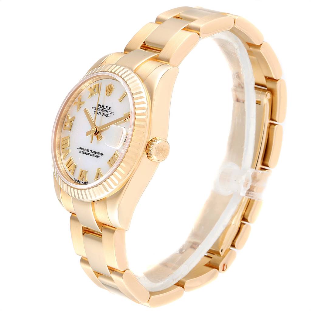 This image shows a Rolex President 178278 Women
s Yellow Gold Mother of Pearl Dial 178278 Women
s Yellow Gold Mother of Pearl Dial model watch from a side angle, highlighting its gold bracelet, crown, and fluted bezel.