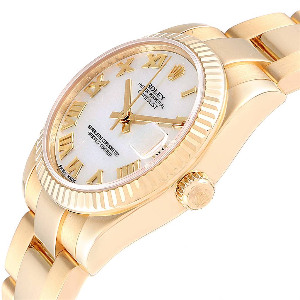 This image shows a side and upper angle view of the Rolex President 178278 Women
s Yellow Gold Mother of Pearl Dial 178278 Women
s Yellow Gold Mother of Pearl Dial model watch, displaying the dial, bezel, and part of the bracelet.