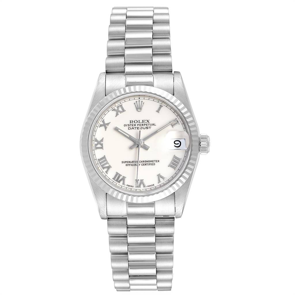 The image shows a front view of the Rolex President 68279 Women's White Gold White Dial 68279 Women's White Gold White Dial model watch displaying its face, bezel, and bracelet.