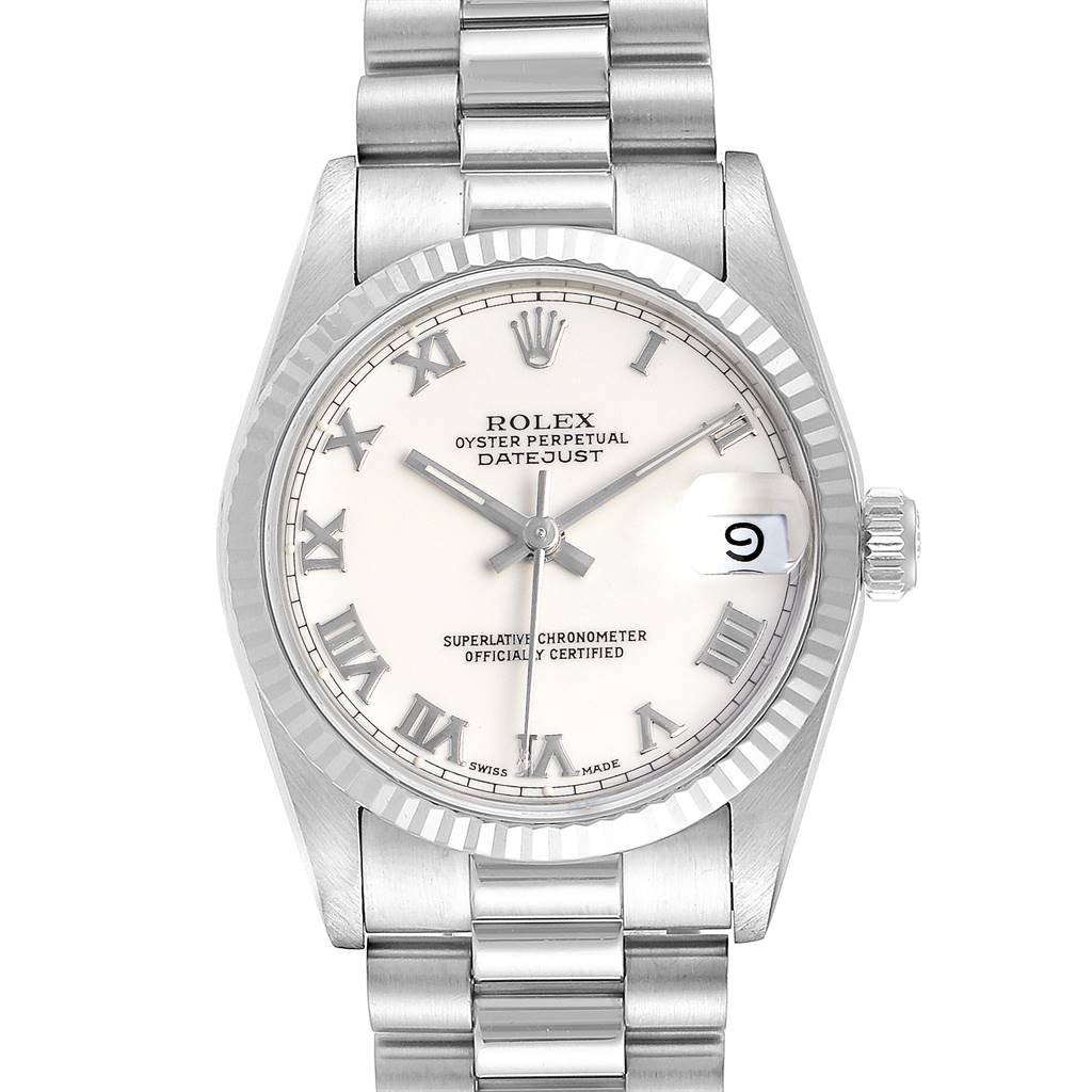 This image shows a front view of the Rolex President 68279 Women's White Gold White Dial 68279 Women's White Gold White Dial Datejust watch, highlighting its face, bezel, and bracelet.