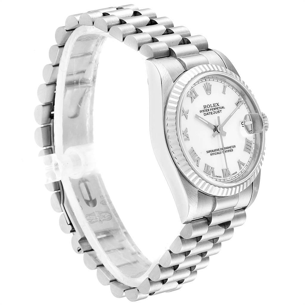 The Rolex President 68279 Women's White Gold White Dial 68279 Women's White Gold White Dial model watch is shown at a three-quarter angle, displaying its face, bezel, and bracelet.