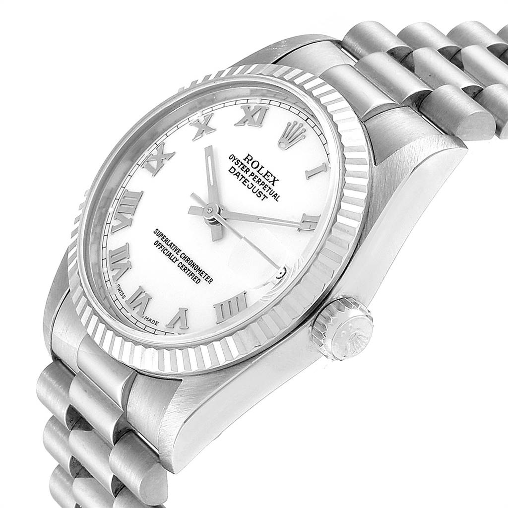 This image shows a close-up side angle of the Rolex President 68279 Women's White Gold White Dial 68279 Women's White Gold White Dial model watch, highlighting its dial, bezel, crown, and part of the bracelet.