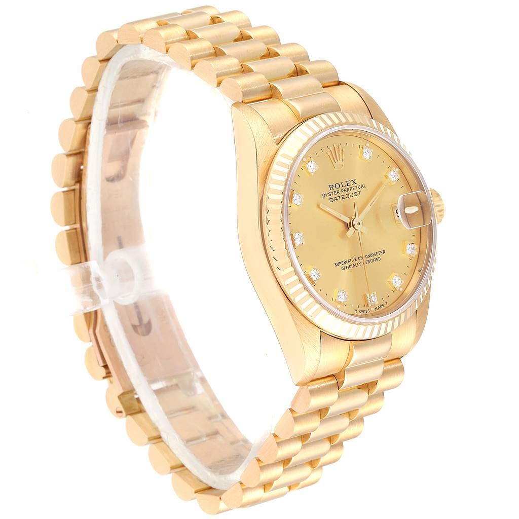 The image shows a Rolex President 68278 Women
s Yellow Gold Champagne Dial 68278 Women
s Yellow Gold Champagne Dial model watch angled slightly to the right, highlighting the face, bezel, and bracelet.