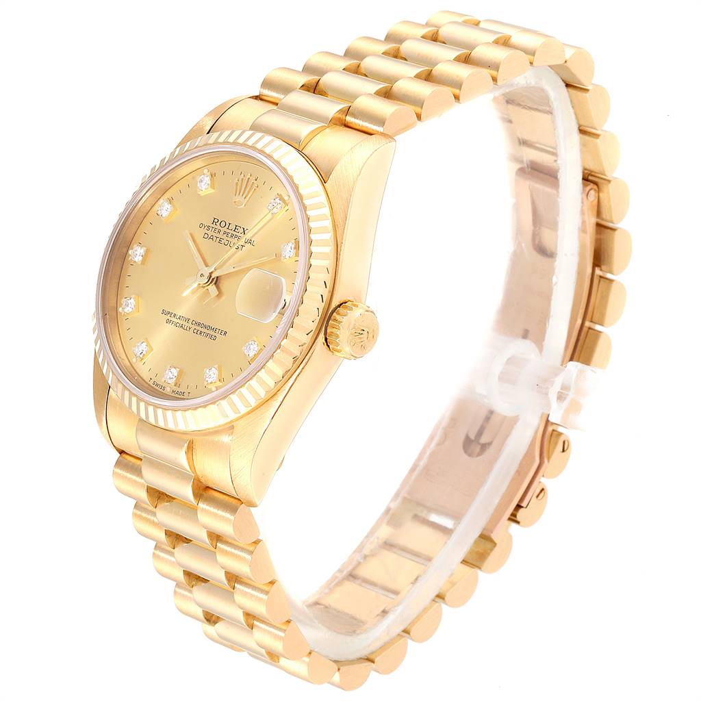 The image shows a Rolex President 68278 Women
s Yellow Gold Champagne Dial 68278 Women
s Yellow Gold Champagne Dial model watch at an angled side view, highlighting its gold bracelet, bezel, and crown.