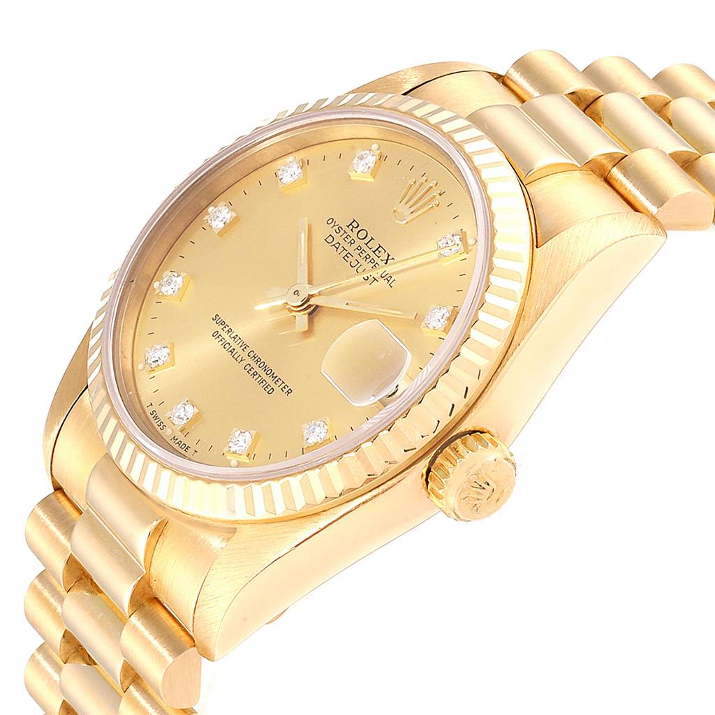 The image shows an angled view of the Rolex President 68278 Women
s Yellow Gold Champagne Dial 68278 Women
s Yellow Gold Champagne Dial model watch, highlighting the bezel, dial, bracelet, and crown.