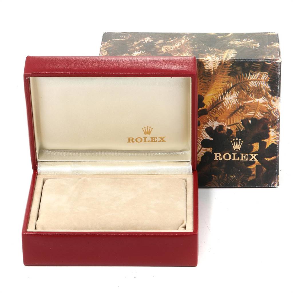This image shows a Rolex President 68278 Women
s Yellow Gold Champagne Dial 68278 Women
s Yellow Gold Champagne Dial model watch box and outer packaging from the front.