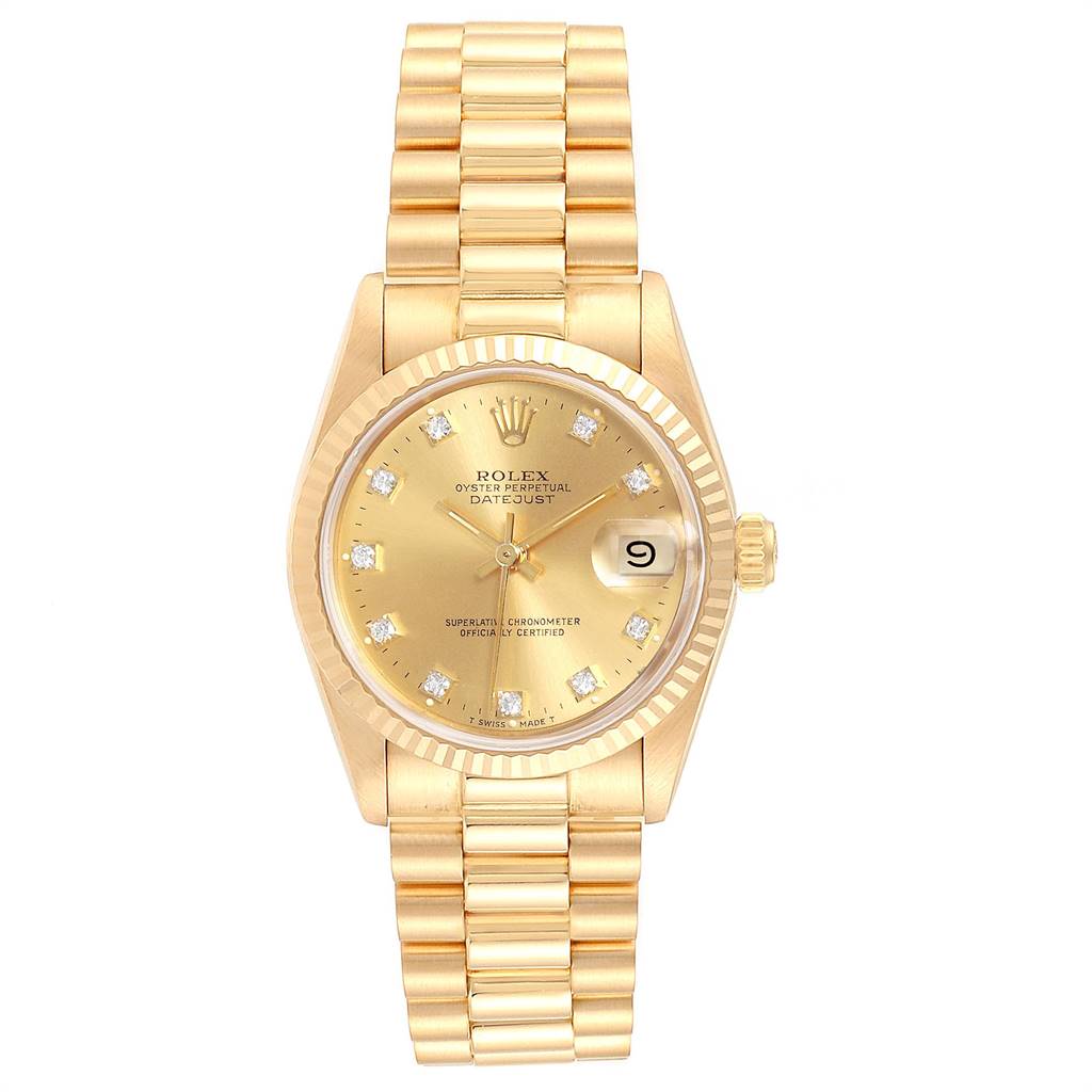 This image shows a front view of a Rolex President 68278 Women
s Yellow Gold Champagne Dial 68278 Women
s Yellow Gold Champagne Dial model watch with a gold bracelet and diamond markers.