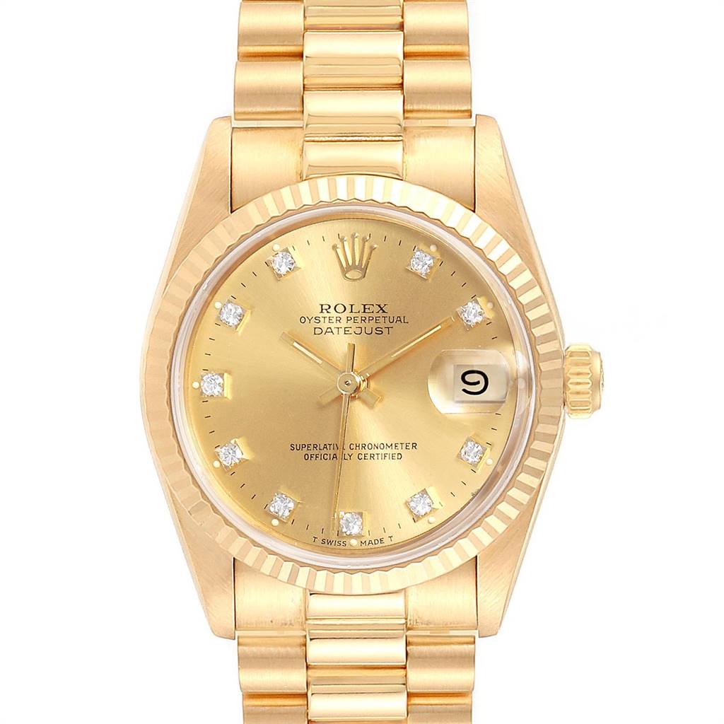 This image shows a Rolex President 68278 Women
s Yellow Gold Champagne Dial 68278 Women
s Yellow Gold Champagne Dial model watch, displaying its gold dial, fluted bezel, date window, and bracelet.
